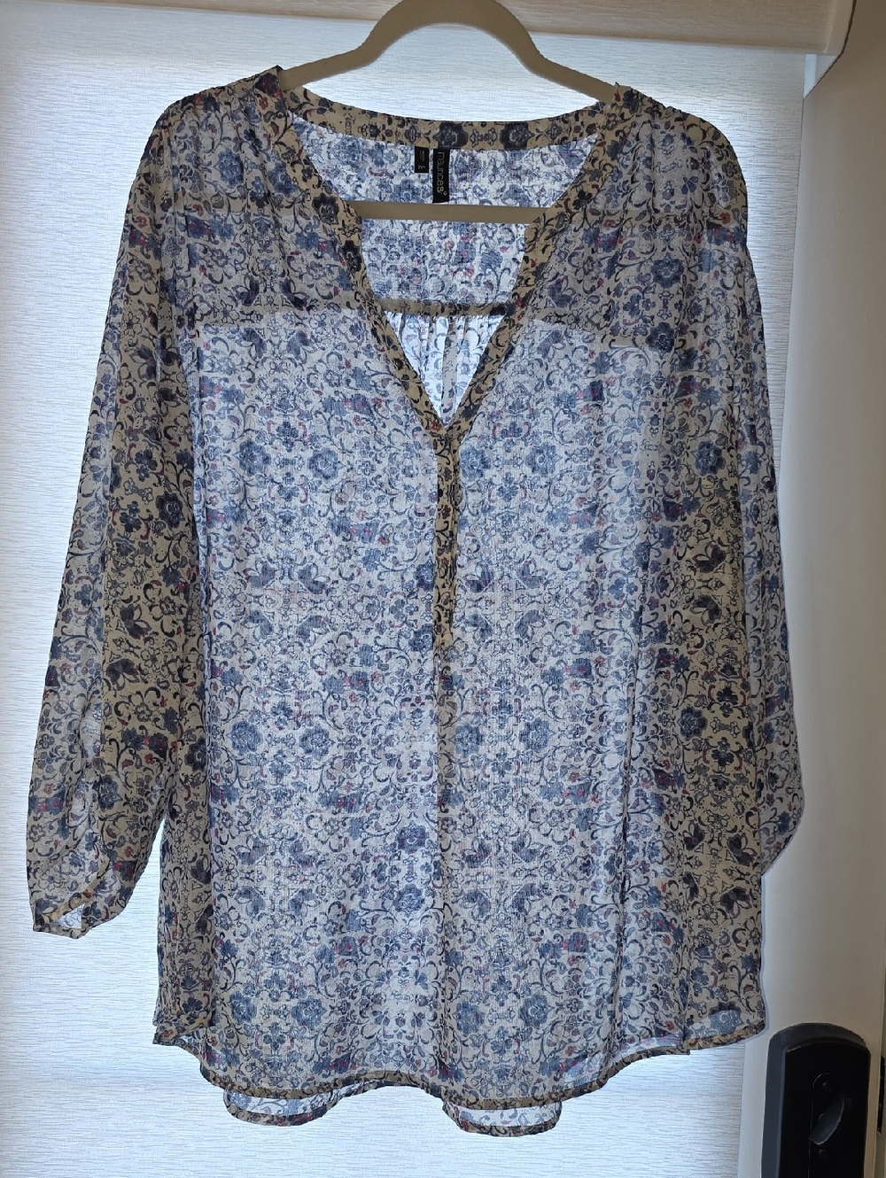 Maurices Sheer Floral V-Neck Blouse - Blue and White